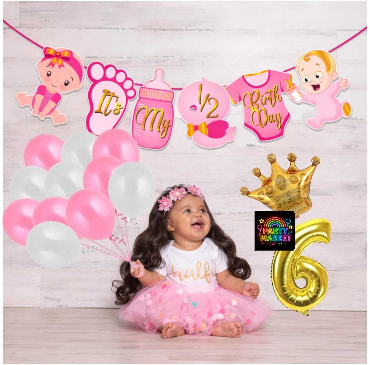 partymart Half Birthday Decoration for Girl – Banner, Number 6 Foil, Crown Foil etc.-picture-18