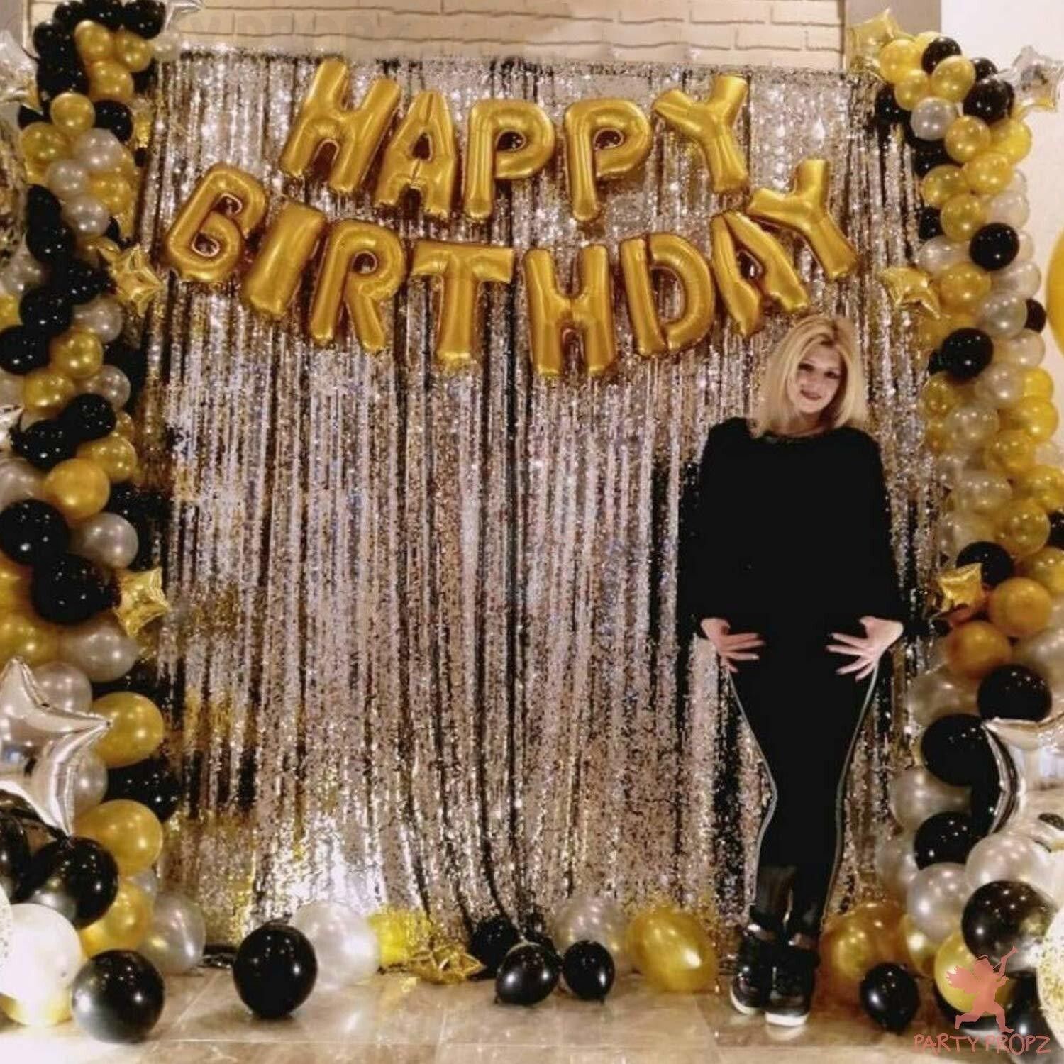 Happy Birthday Letter Foil Balloon Set of Gold + 2Pcs Silver Fringe Curtain-image-20