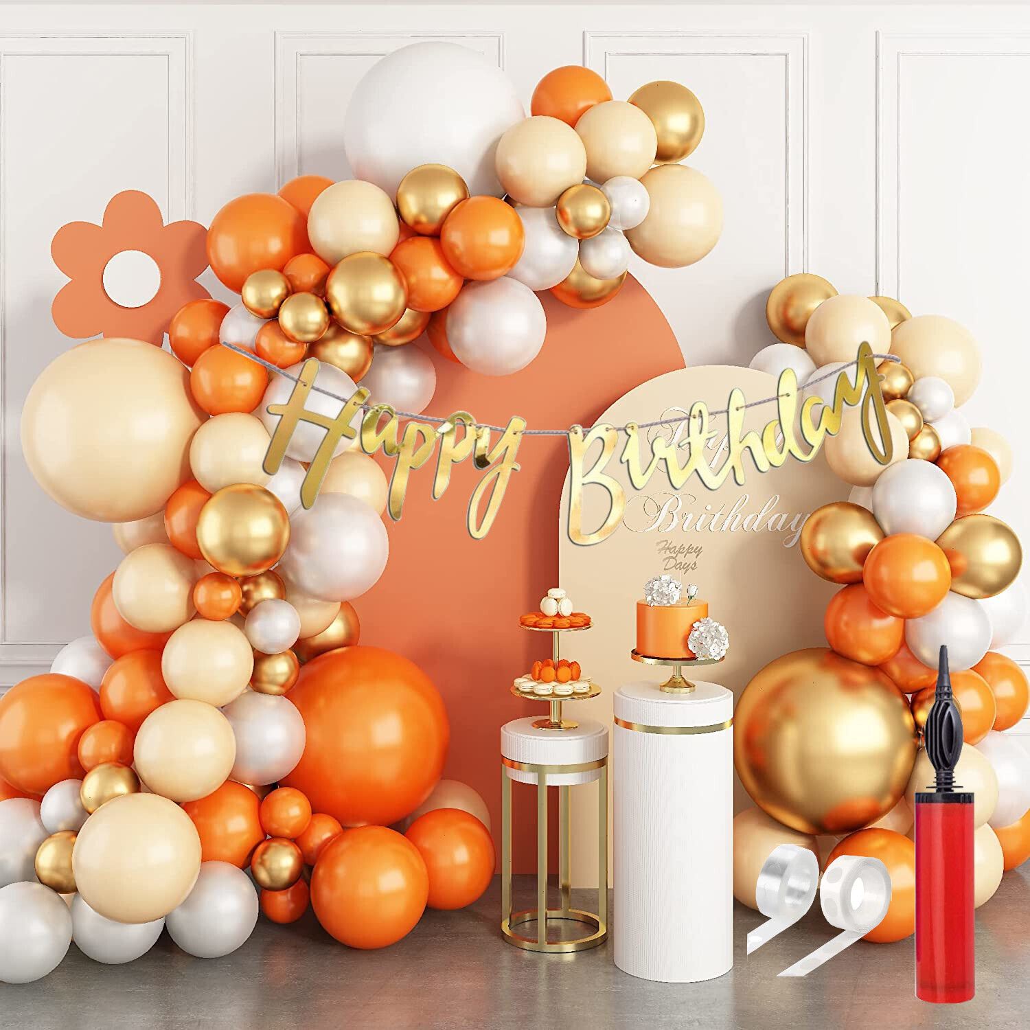 Orange White Gold Beige Balloons, Happy Birthday Decoration Kit (Pack Of 70)-image-47
