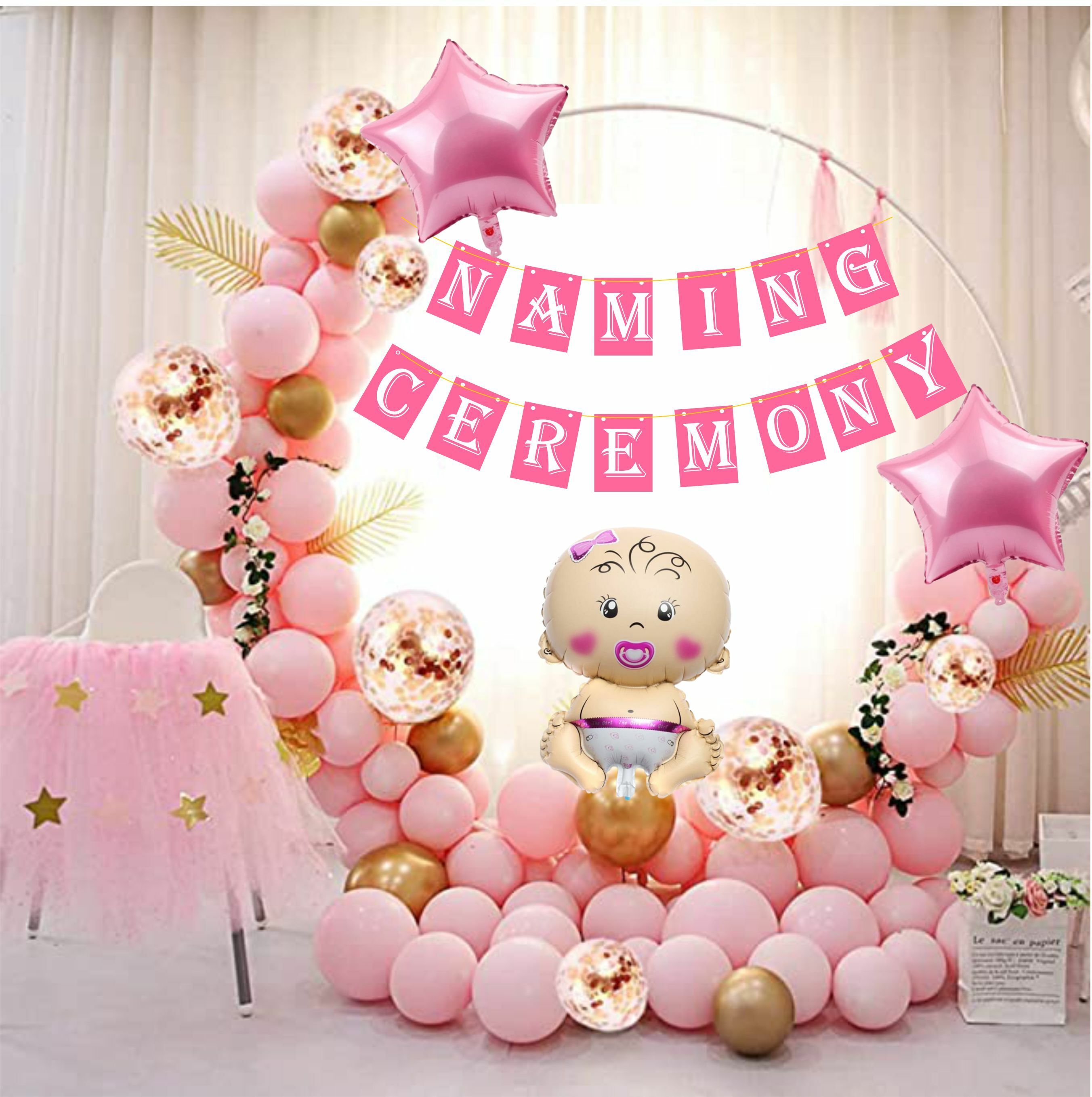Naming Ceremony Pink Decoration Set Baby Girl Home Decoration Banner Balloons-image-27