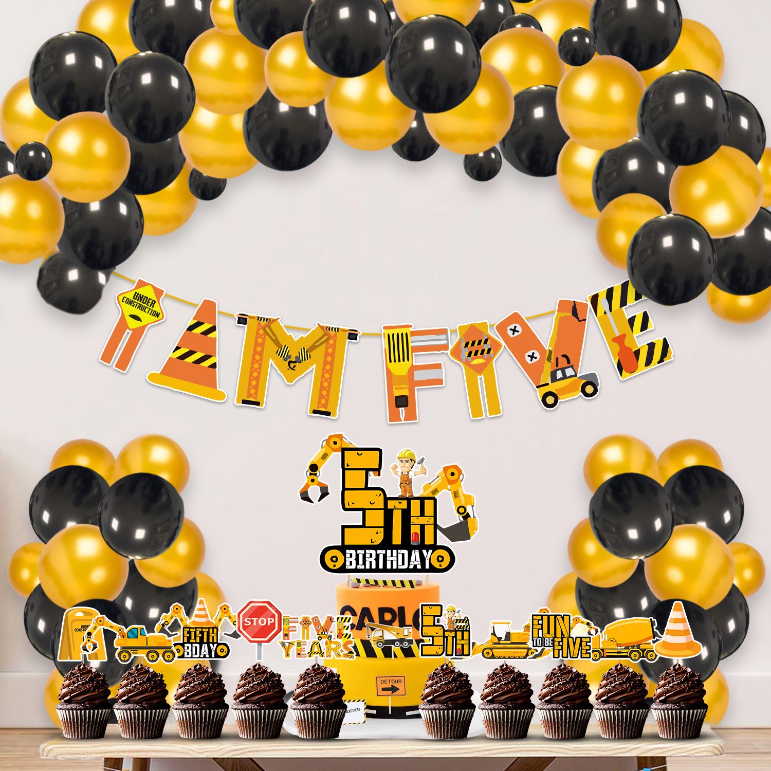 5th Under Construction Theme Birthday Banner,Cake Topper,Balloons (Pack Of 37)-image-33