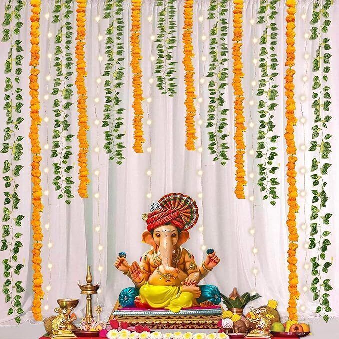party midlinkerz Ganesh chaturthi Marigold Flower decoration kit with White net Curtain and Light-picture-15