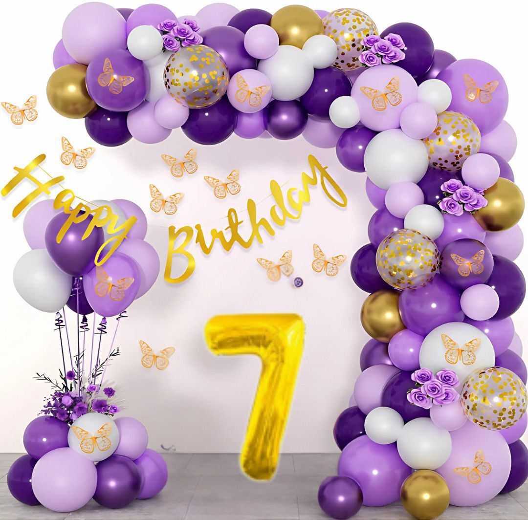 97pcs 7Year Happy Birthday Decoration Kit Purple Golden Chrome Balloons-image-9