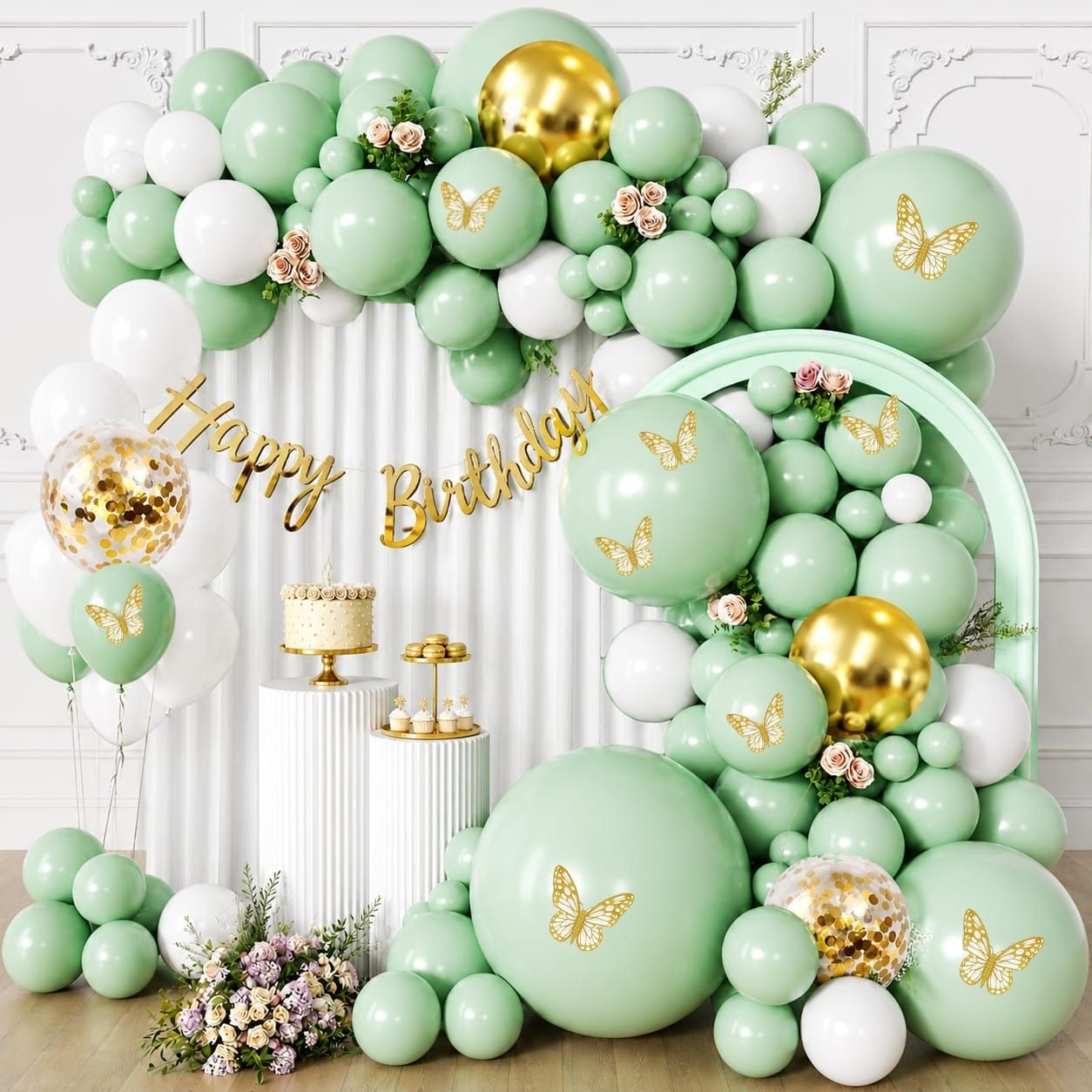 Solid Green White Balloon Decoration Combo Set with Butterfly for Birthday Party-image-23