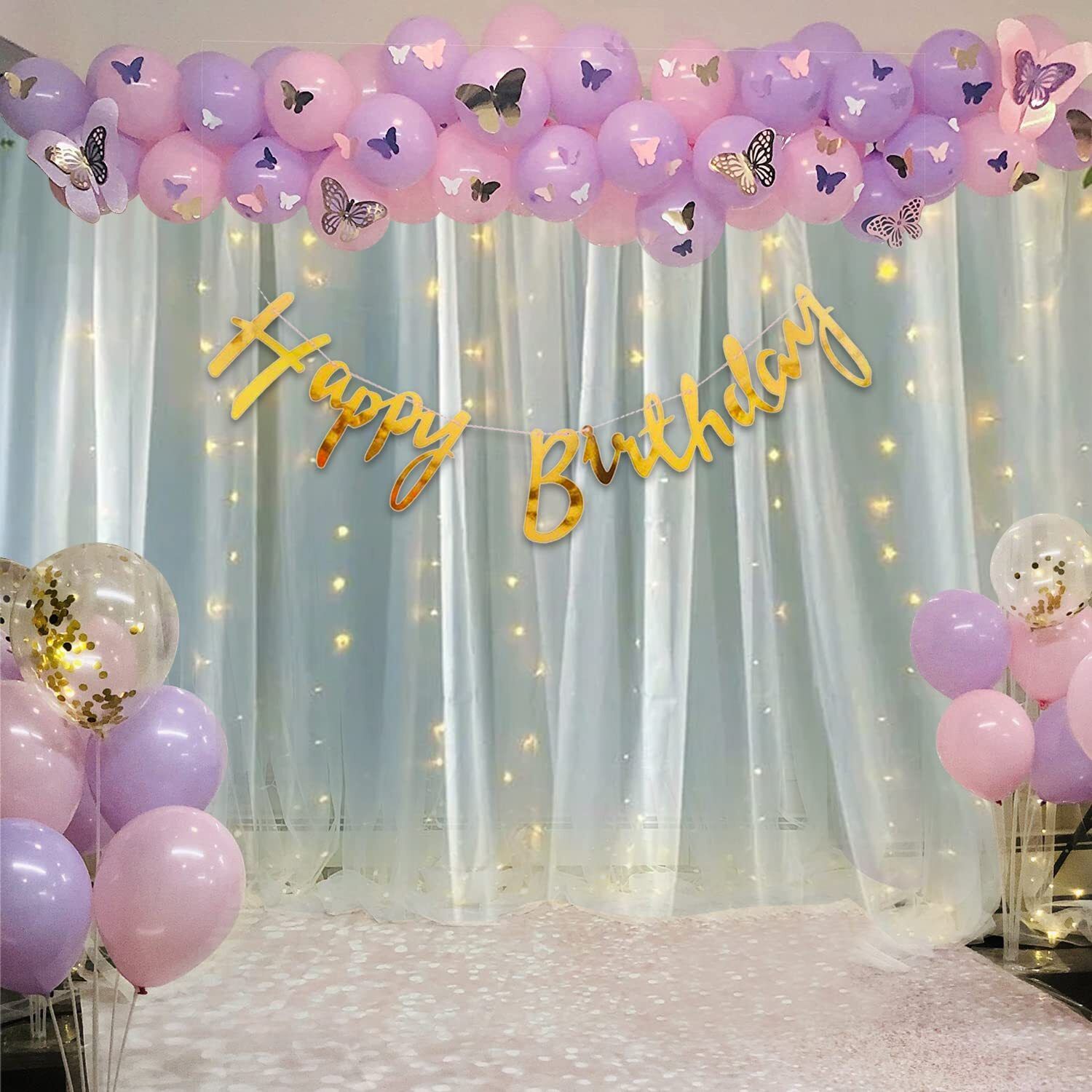 Butterfly Theme Purple Birthday Decoration item kit combo 81 Pcs Led Net Curtain