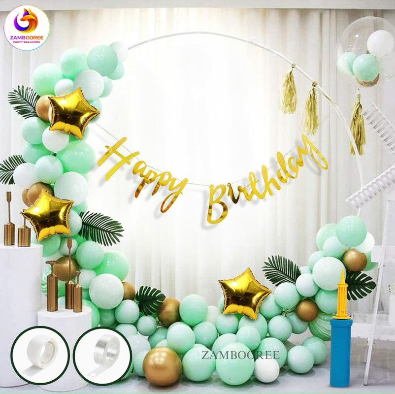 Bunting Birthday, 3 Gold star, 20 p Green 5 white 5 Gold Balloon, GLU ARC & Pump-image-30