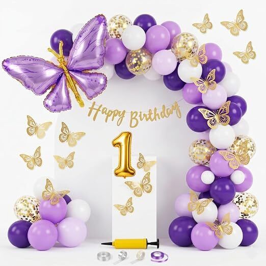 flying hub (1st Birthday)62 Pcs Butterfly Birthday Decoration Kit for Girls | Purple,-picture-17