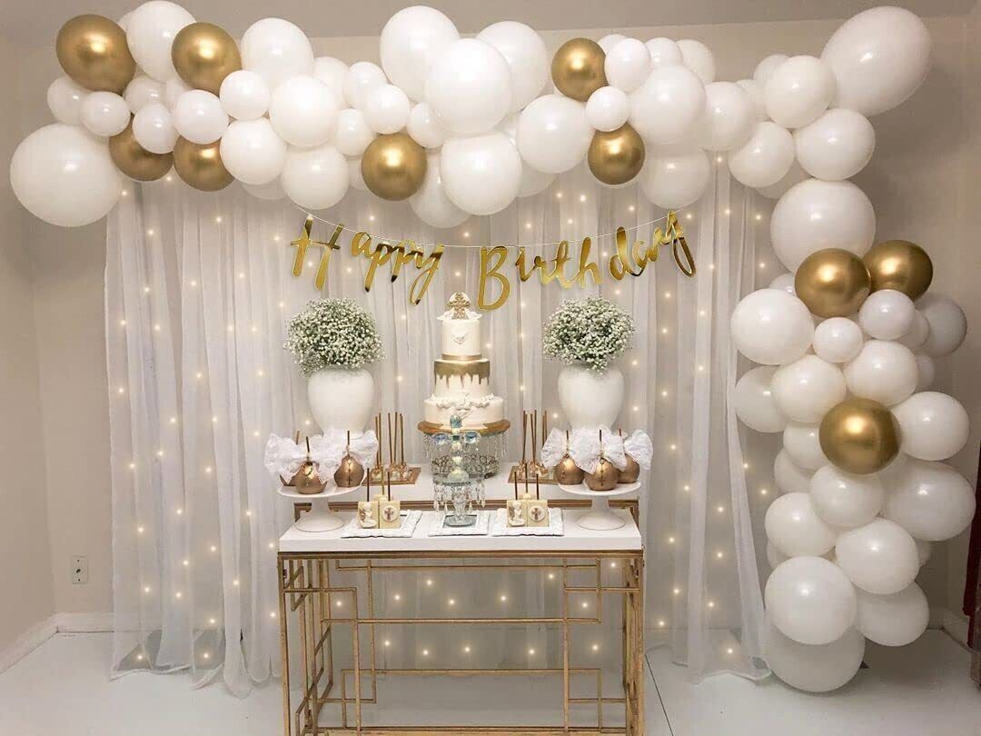 party midlinkerz White and Gold Birthday Decoration Combo Kit with white net Curtain and Light-picture-25