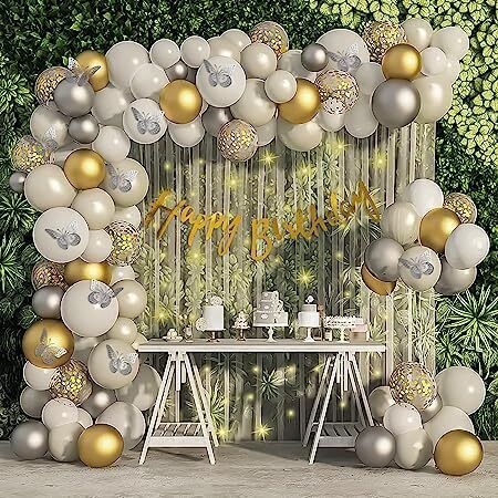 fun and flex Gold and Silver Butterfly Theme Birthday Decoration Kit with White net and Light-picture-22