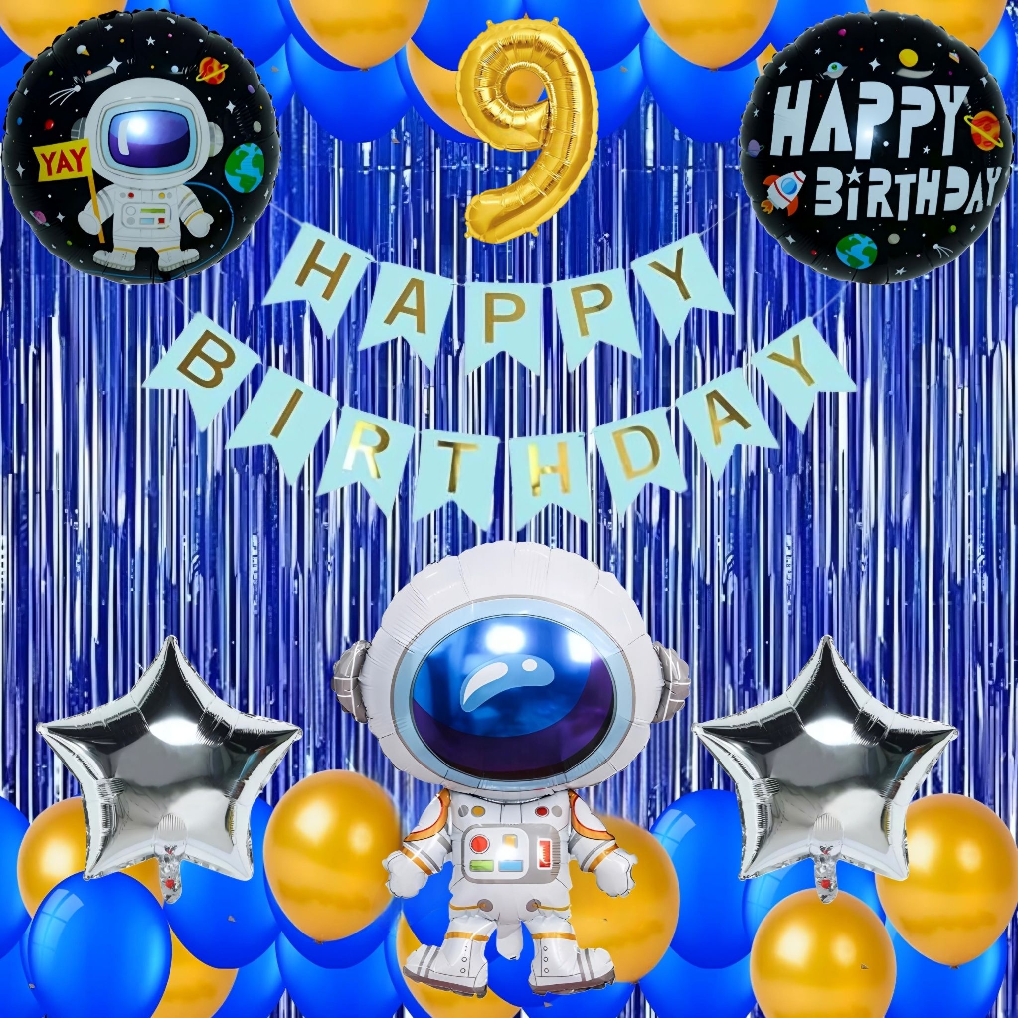 Astronaut 9th Birthday Decoration Kit - Blue & Gold Space Theme Combo-image-48
