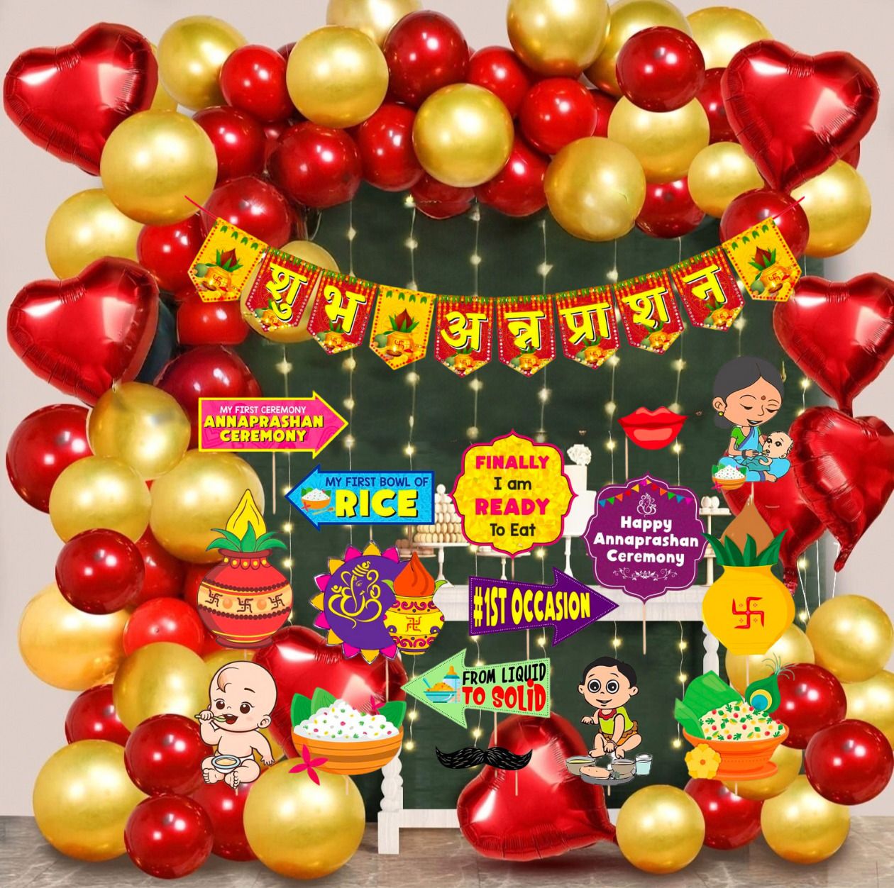 Shubh Annaprashan Decorations Items Banner Balloon Photo Booth Props Red & Gold