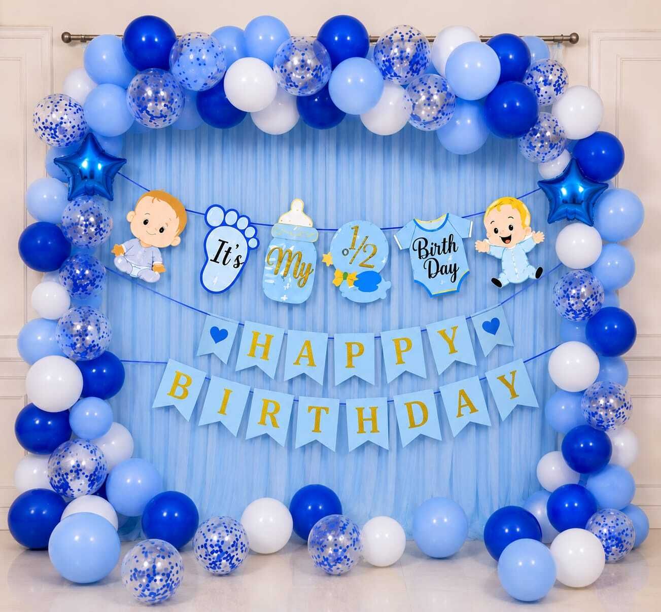 sanwarakreation Blue Half Birthday Decoration Kit with Balloons Banner & Net Curtains-picture-11