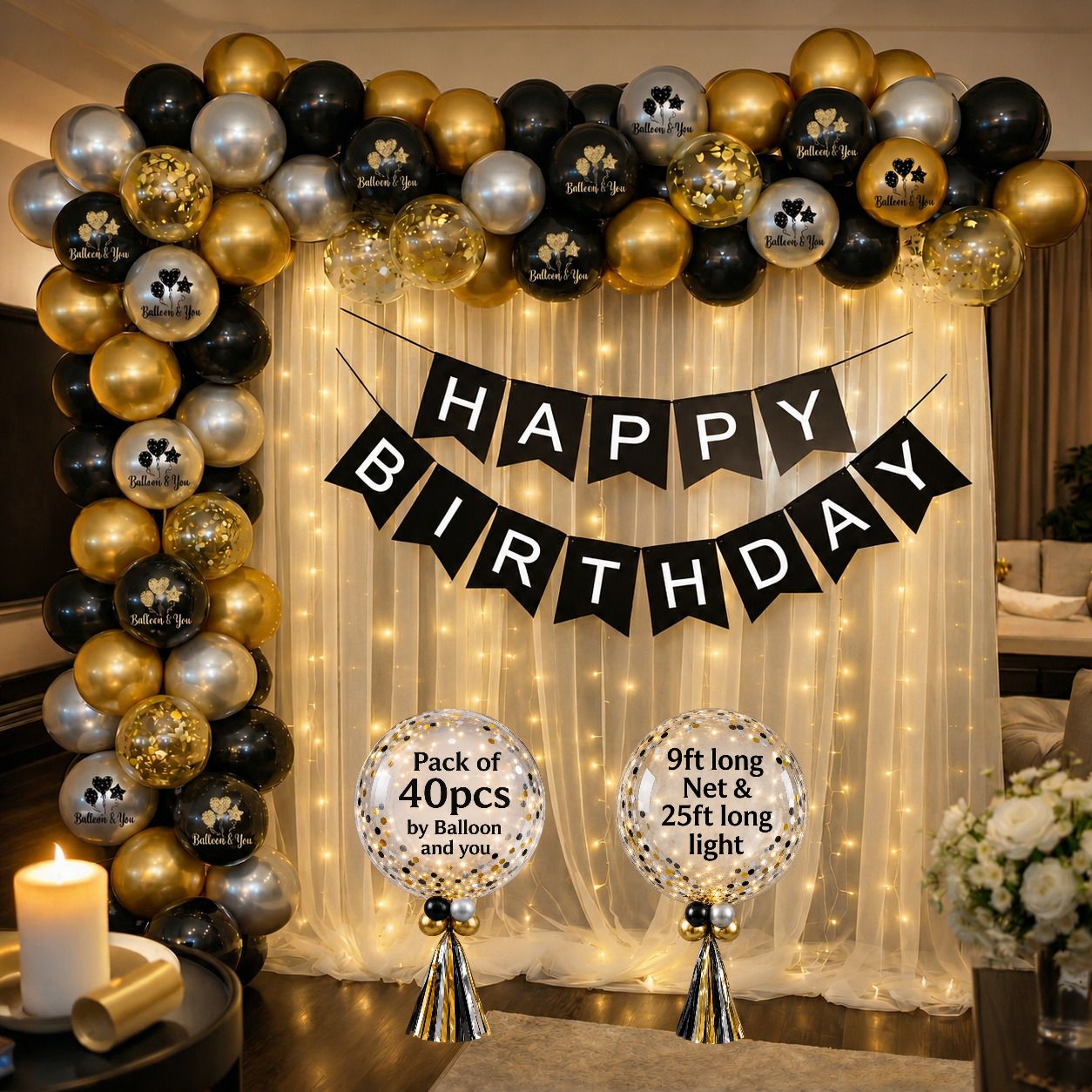 balloon and you Gold, Black & Silver Birthday Decoration Kit with White Net & LED Lights-picture-1