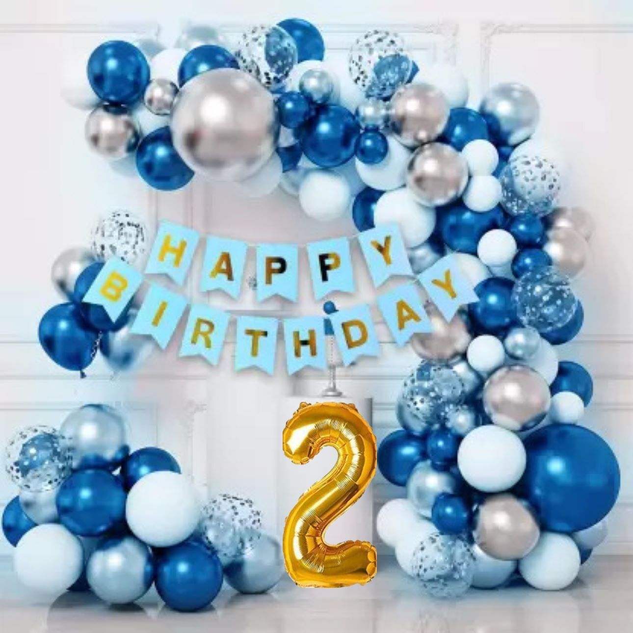 2nd/second Happy Birthday Decoration with Blue Silver White Confetti Balloon Arc-image-6