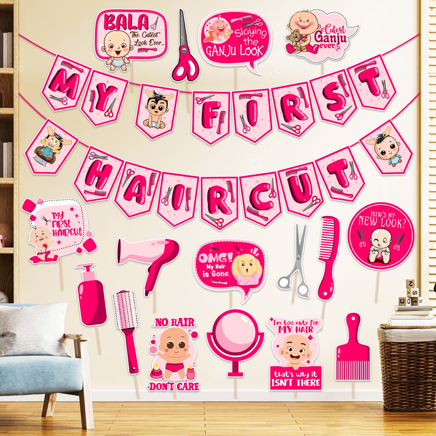 zyozi My First Hair Cut Decorations Set For Girl- Banner & Photo Booth (Pack Of 17)-picture-18