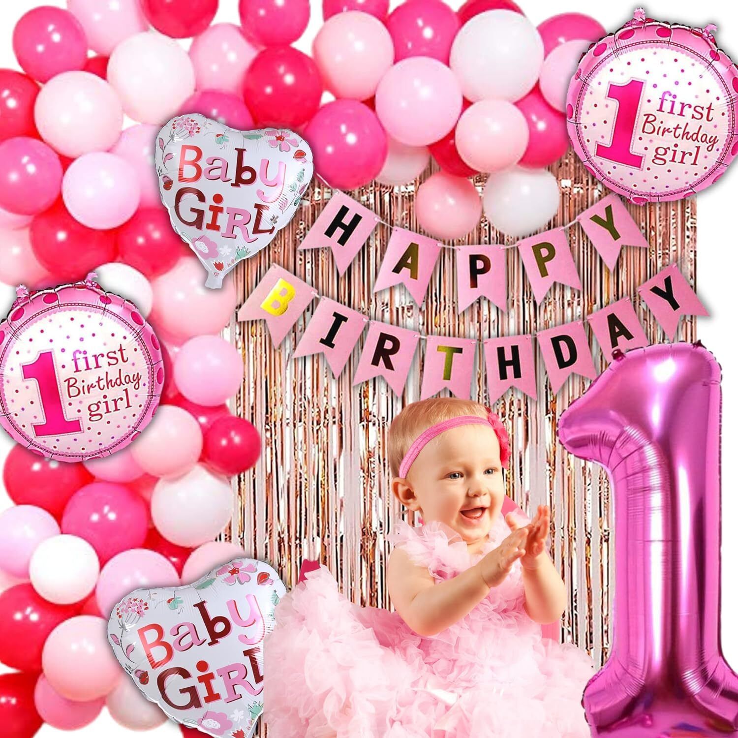 1st Birthday Decorations for Girls - 60pc Balloons