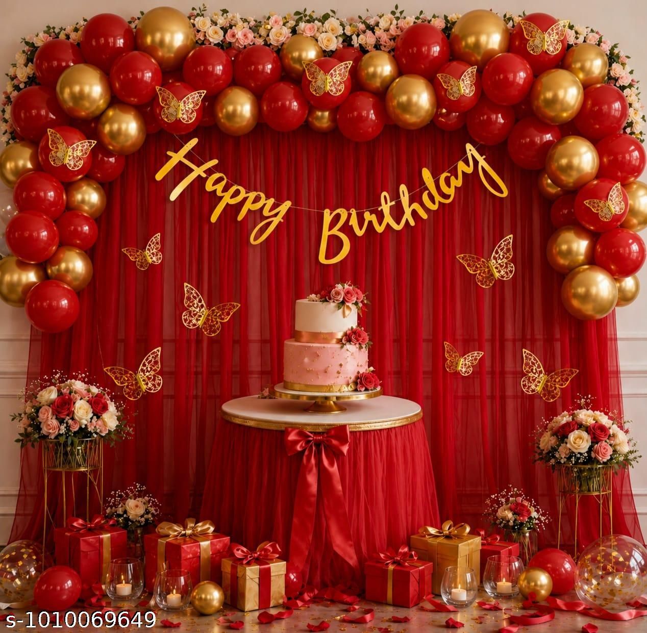 dream party decor Red & Gold Birthday Decoration Kit with Balloon Arch, Butterfly, Red Curtain-picture-44