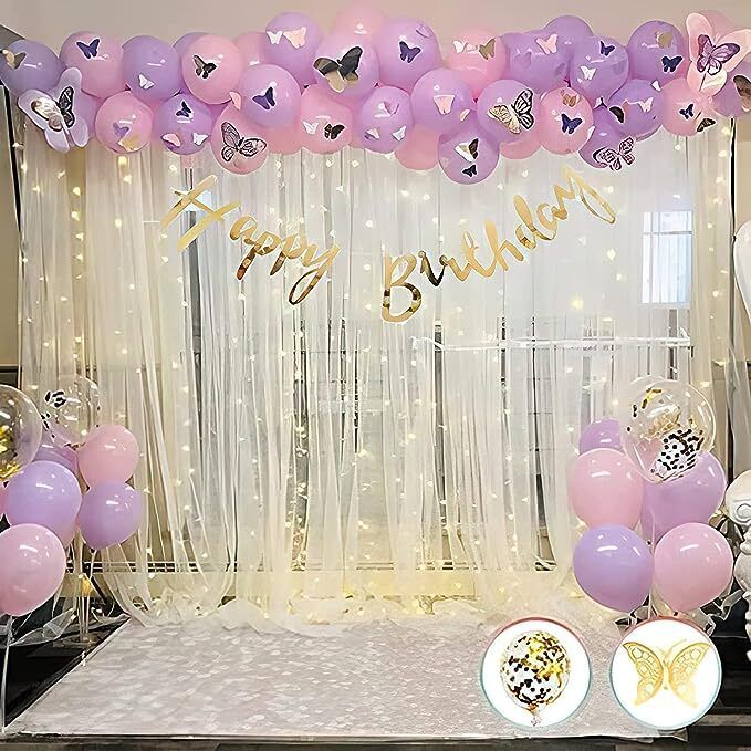 Solid Butterfly Theme Purple Birthday Decoration item kit combo Led White Net Curtain Balloon