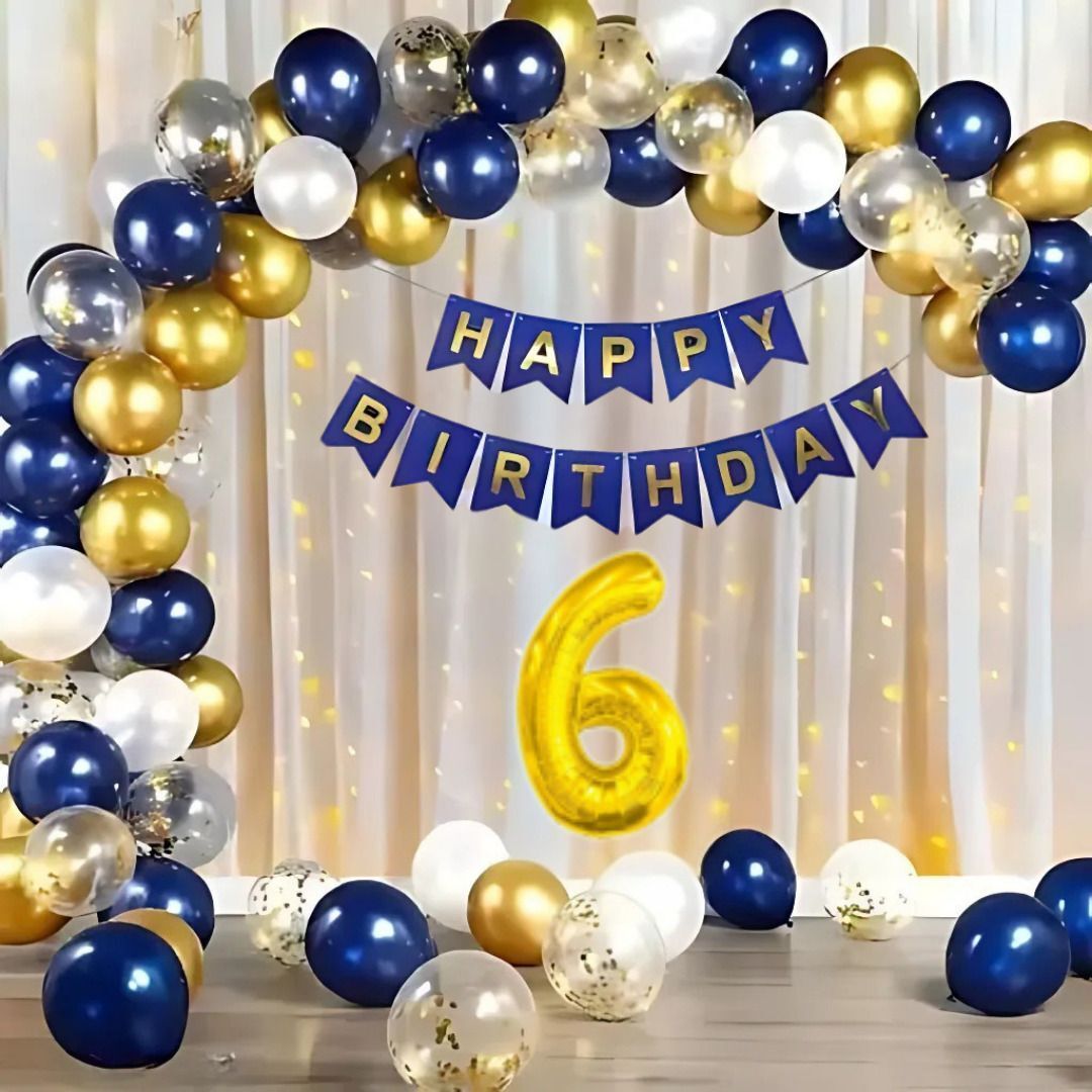 65pcs Blue Gold 6Year Birthday Decoration Kit with Balloons & Banner-image-3