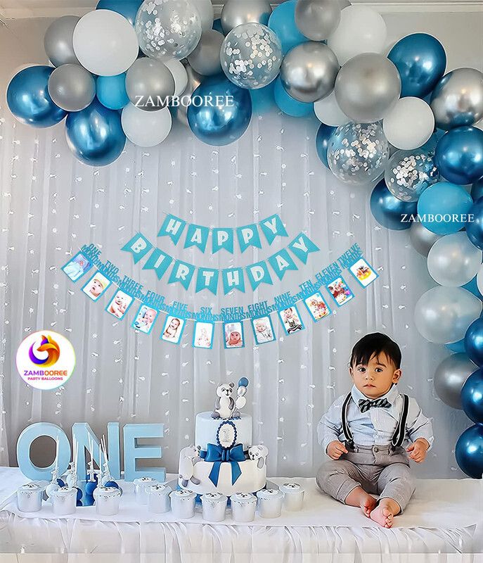 zambooree Blue Birthday, Photo Banner, LED, Arc Ribbon, Net, 30 balloon & 2 Confetti-picture-11