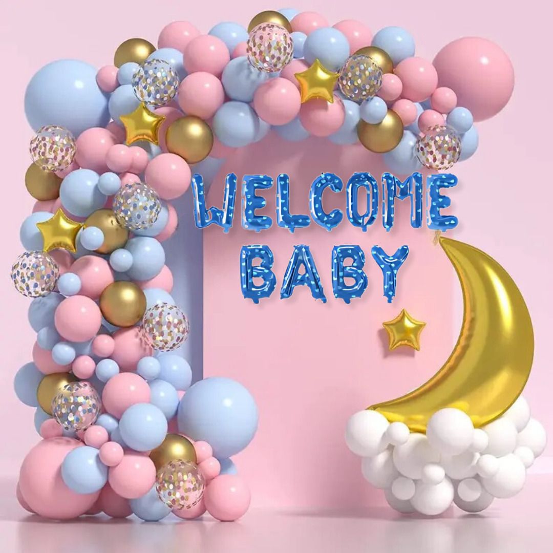 75Pcs Blue Pink Pastel Welcome Baby Decoration Set with Moon, Stars & Banner