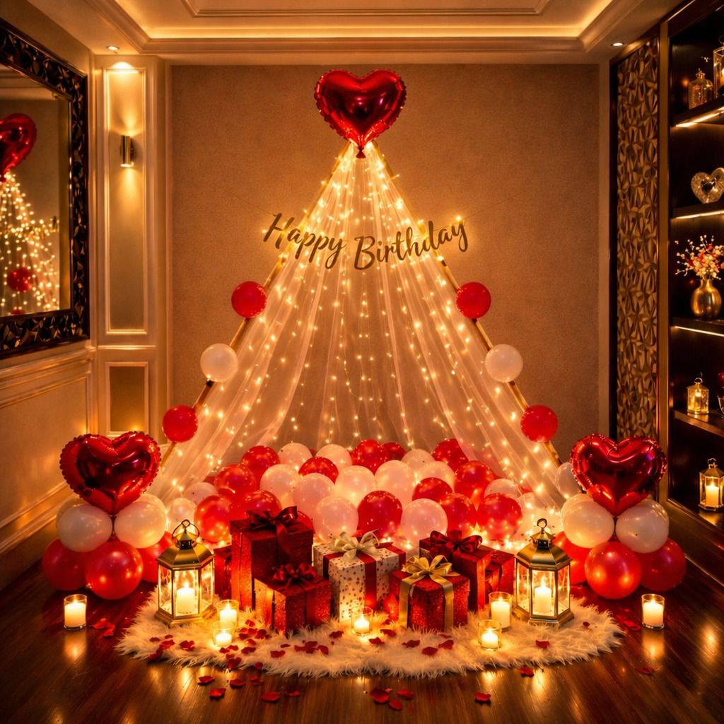 revayaa Romantic Red Birthday Decoration Kit with Net Curtain LED Lights-picture-14