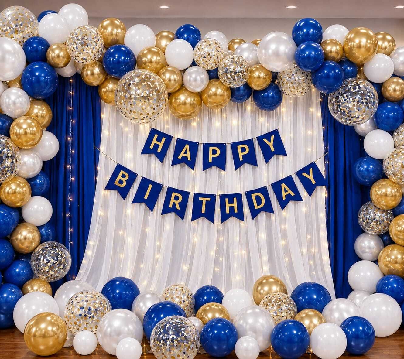 Royal Blue & Gold Happy Birthday Decoration Kit with Balloon Arch-image-3
