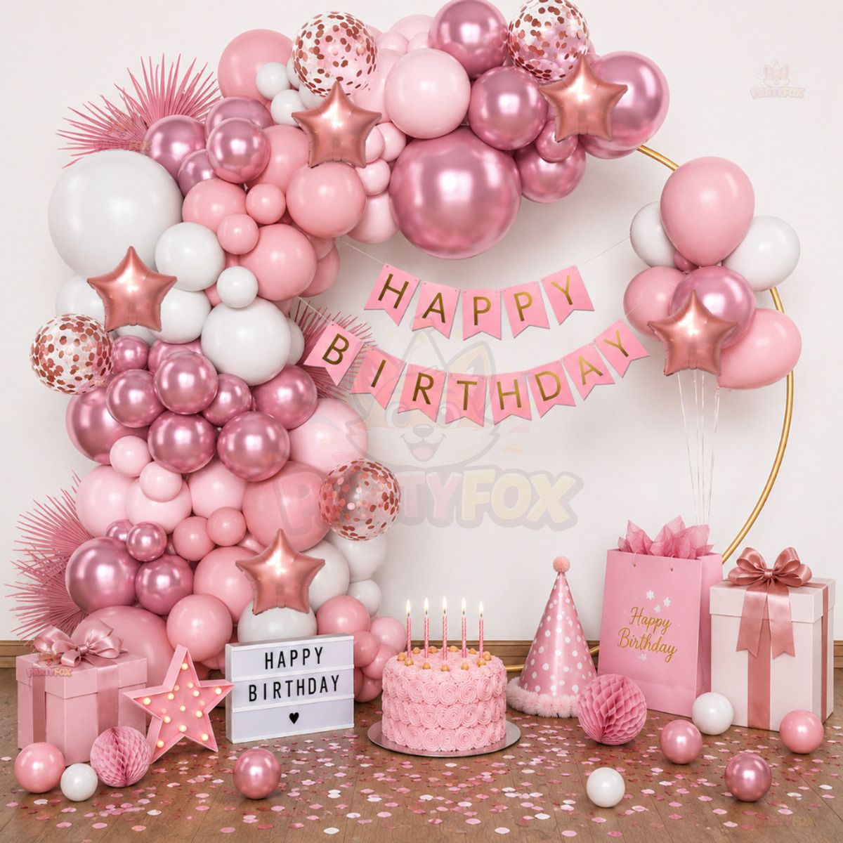 partyfox Birthday Decorations Kit for Girls Aesthetic Rose Gold Pink Balloon Garland-picture-29