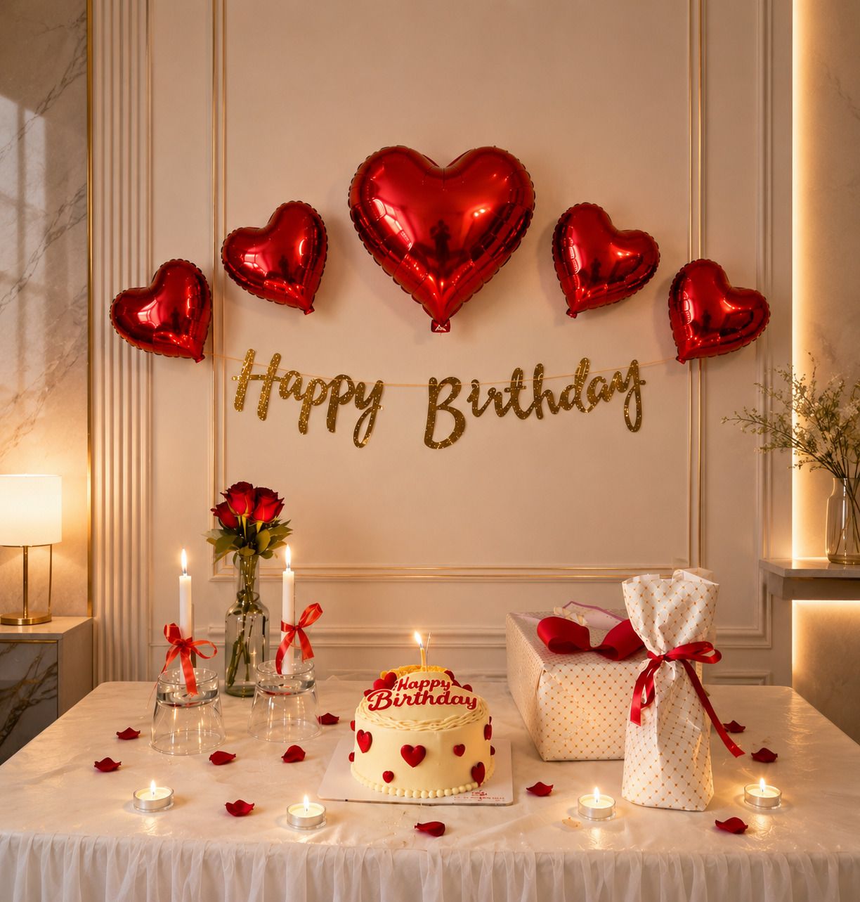 Red Heart Foil Balloons & Gold Cursive Happy Birthday Banner Decoration Kit-image-15