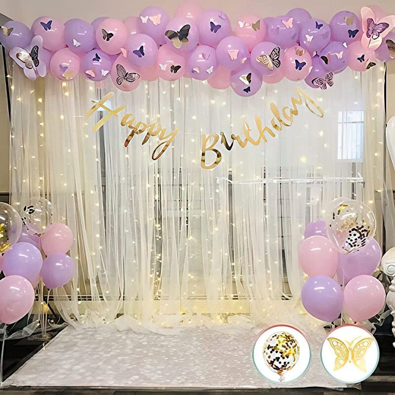 loons peddler Birthday Decoration Kit with Net Curtain cloth, 3D Butterflies and Fairy Lights-picture-10