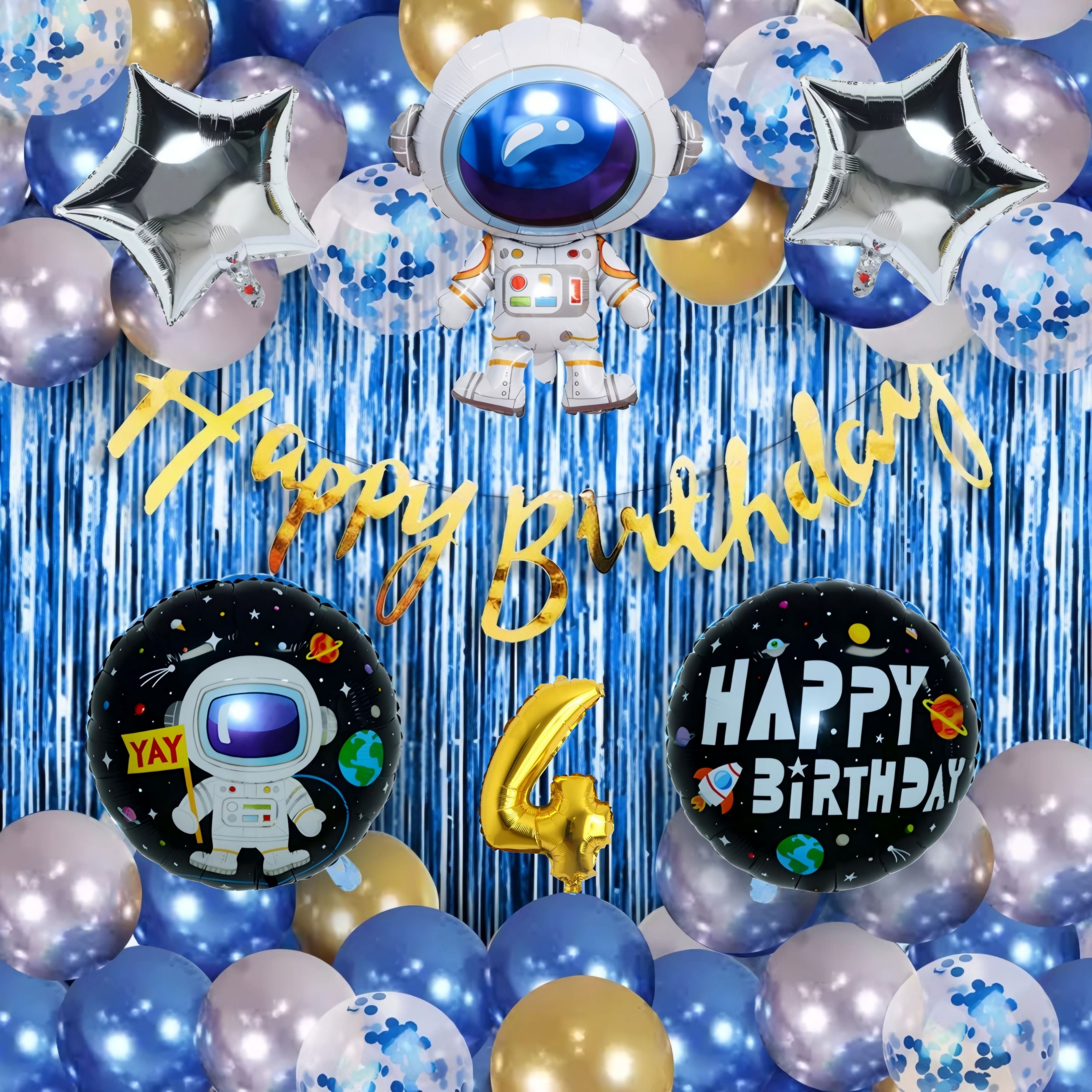 Zambooree Astronaut Space 4th Birthday Kit with Confetti Balloons - Blue & Gold-image-14