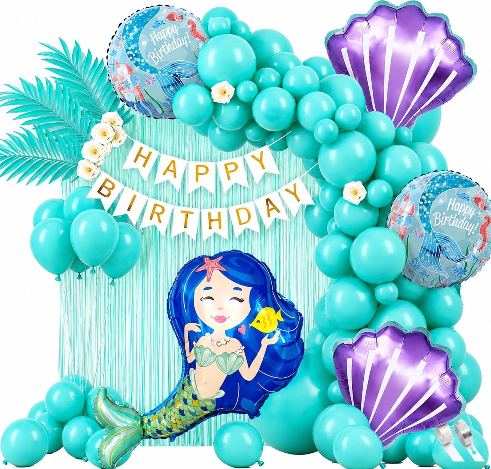 Mermaid Birthday Decoration Kit with Shell Foil Balloon, Foil Curtain &-image-30