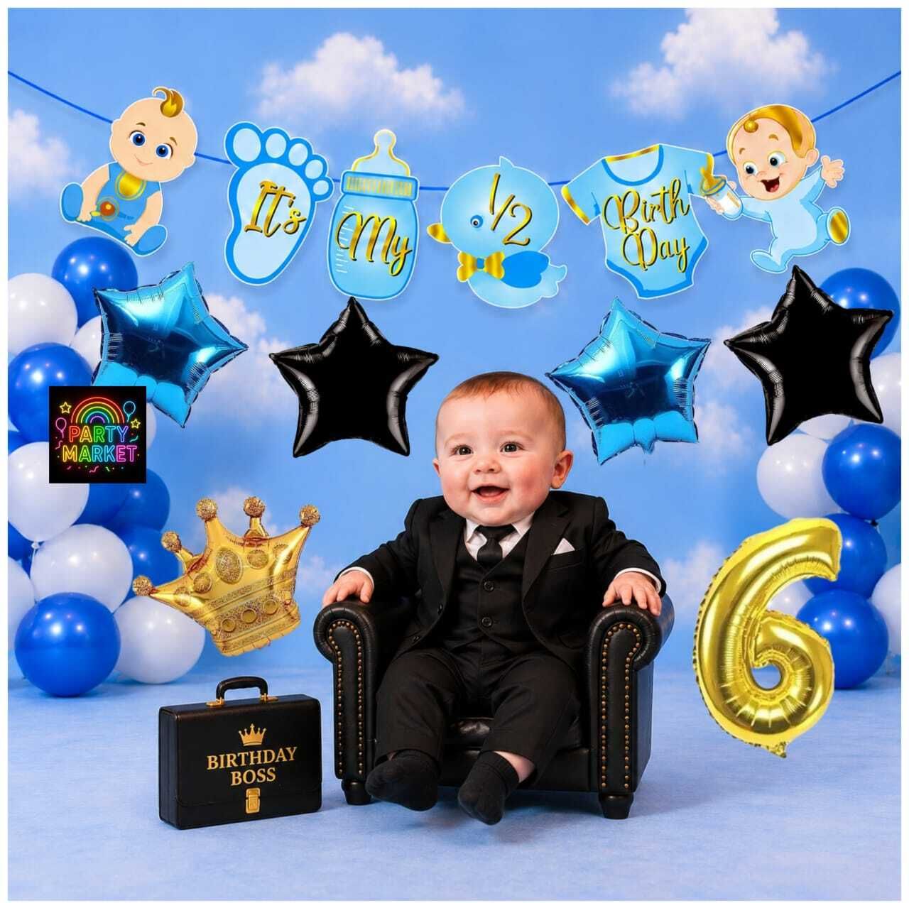 partymart Half Birthday Kit for Baby Boss | 1/2 Birthday Banner, Number 6, Crown Foil etc.-picture-33