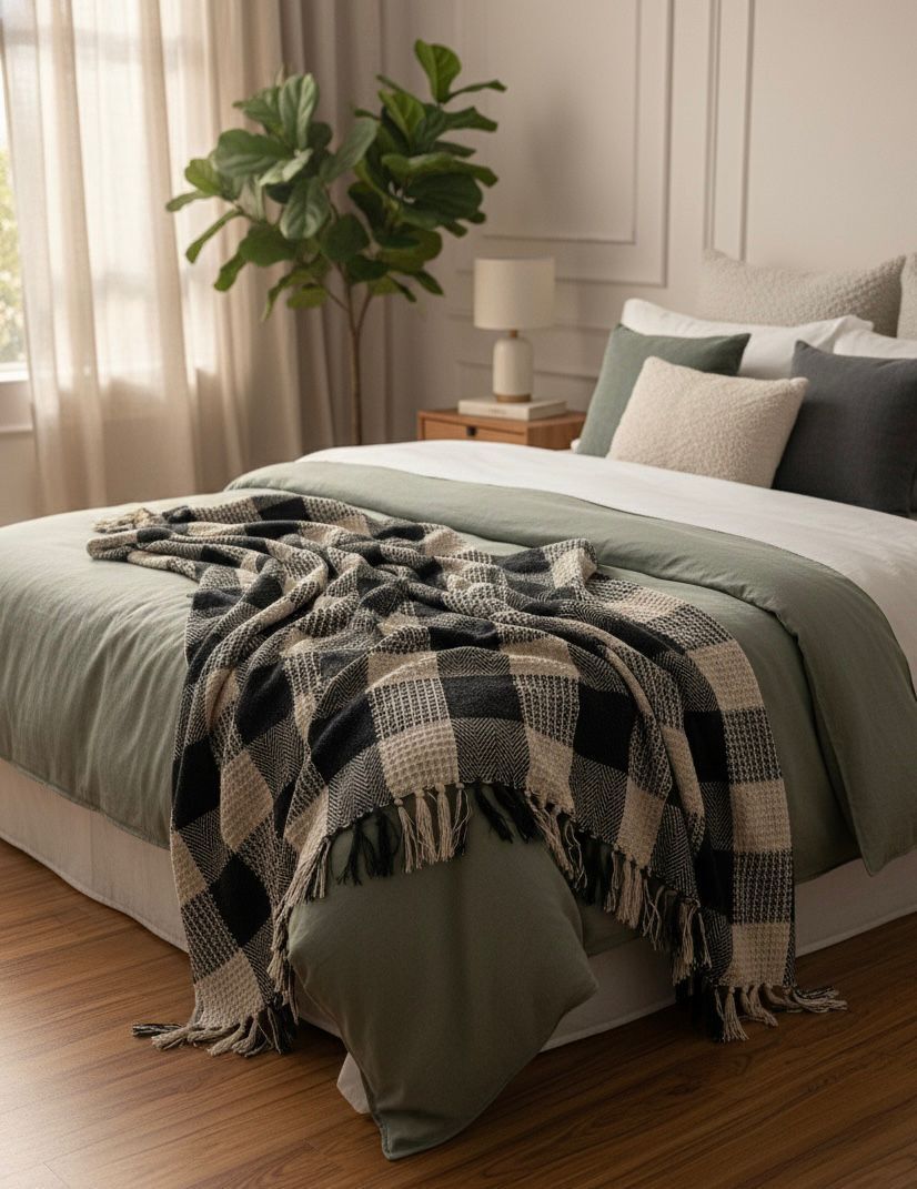 Checked woven pattern Soft Fabric-Design , Decorative Throw for Couch, Bed & Living Room (Black) Sofa Fabric-image-2