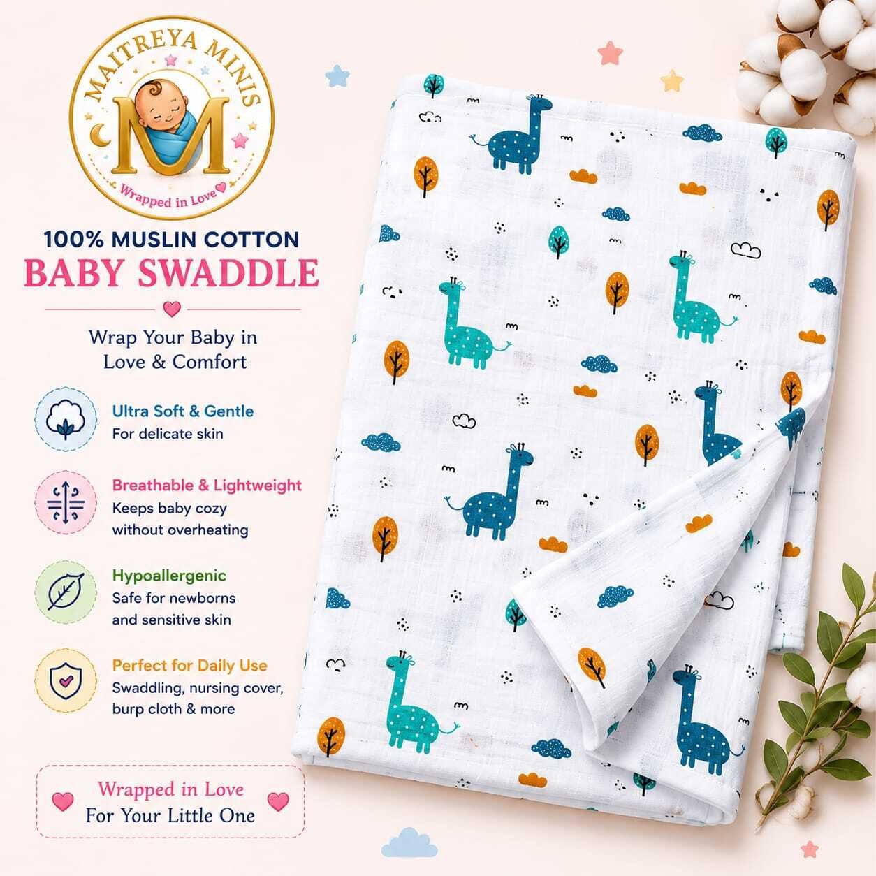 maitreyaminis Printed Single Swaddling Baby Blanket for All Season-picture-34