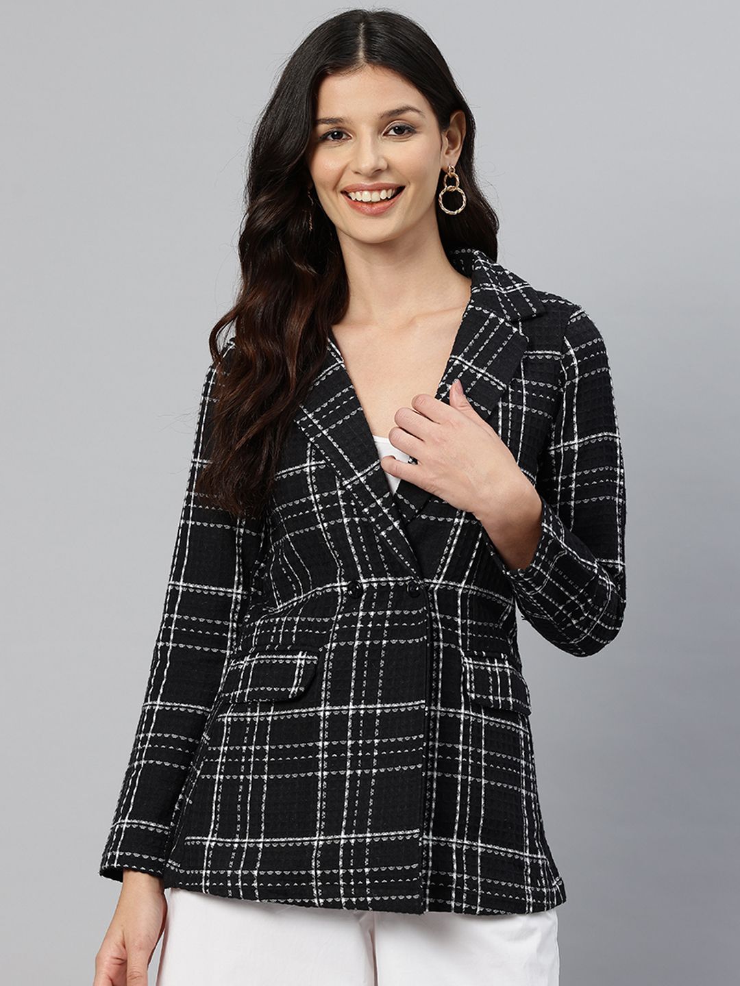 cottinfab Women Checkered Double Breasted Casual Blazer-picture-13