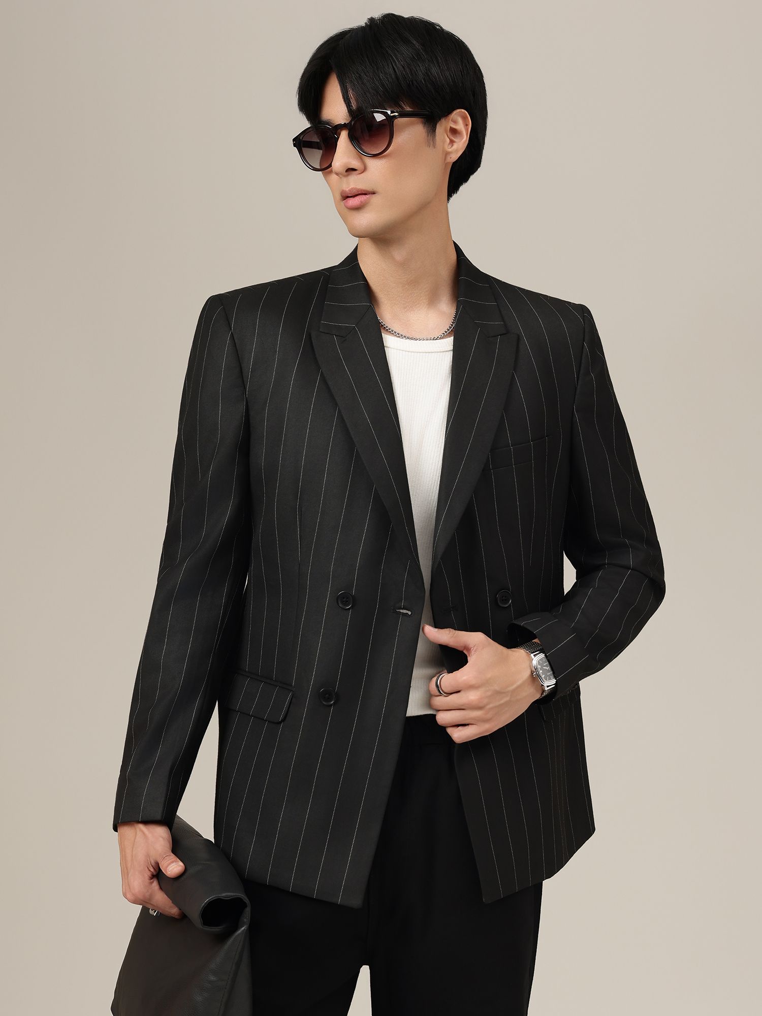 Men Striped Double Breasted Formal Blazer