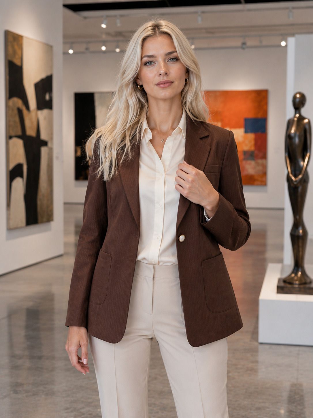 Women Striped Mandarin Casual Blazer-image-8
