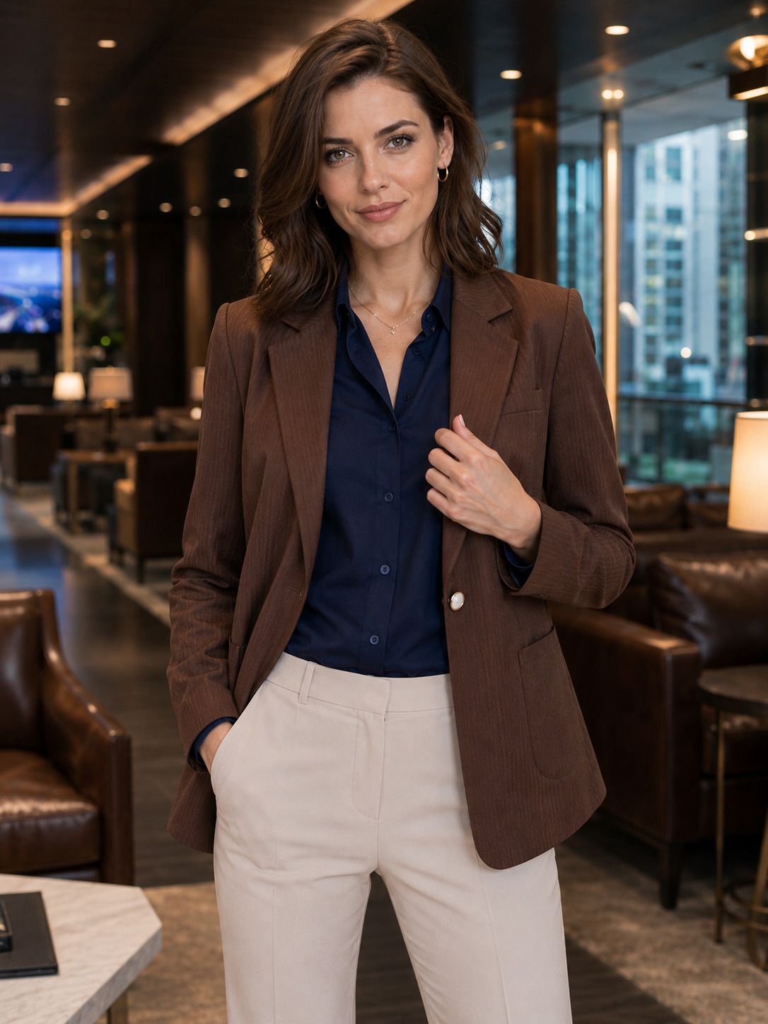Women Striped Mandarin Casual Blazer-image-4