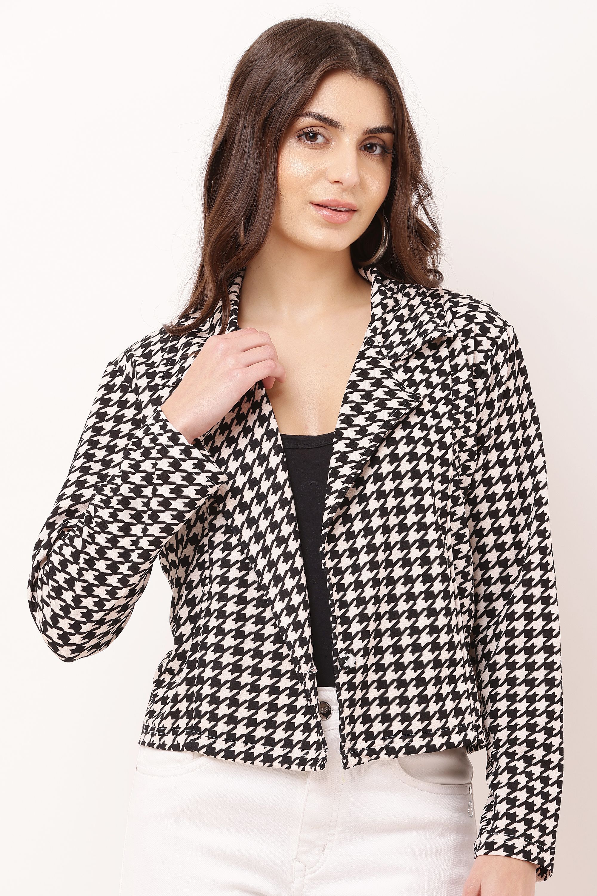 Women Houndstooth Single Breasted Casual Blazer