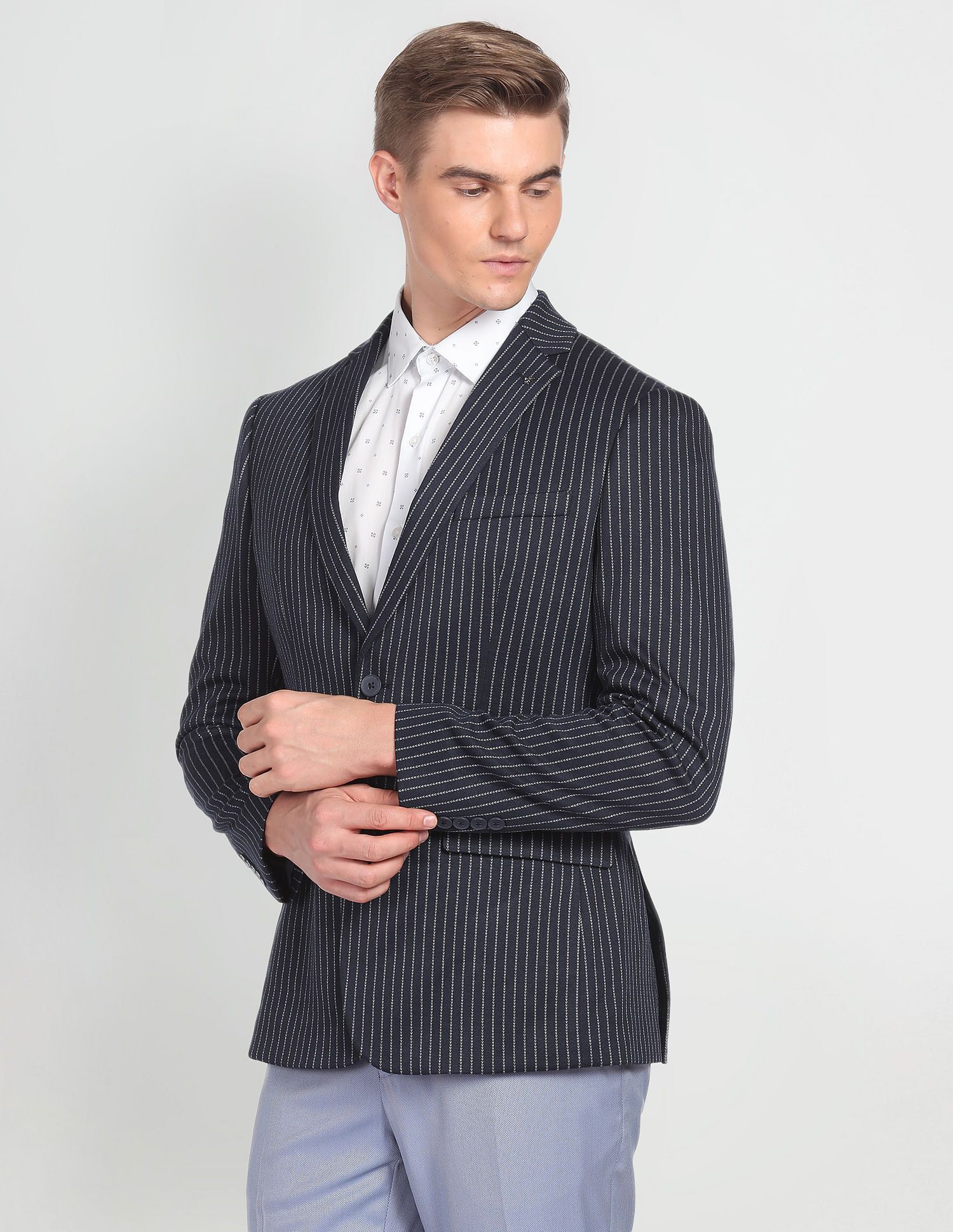 Men Striped Single Breasted Formal Blazer-image-26