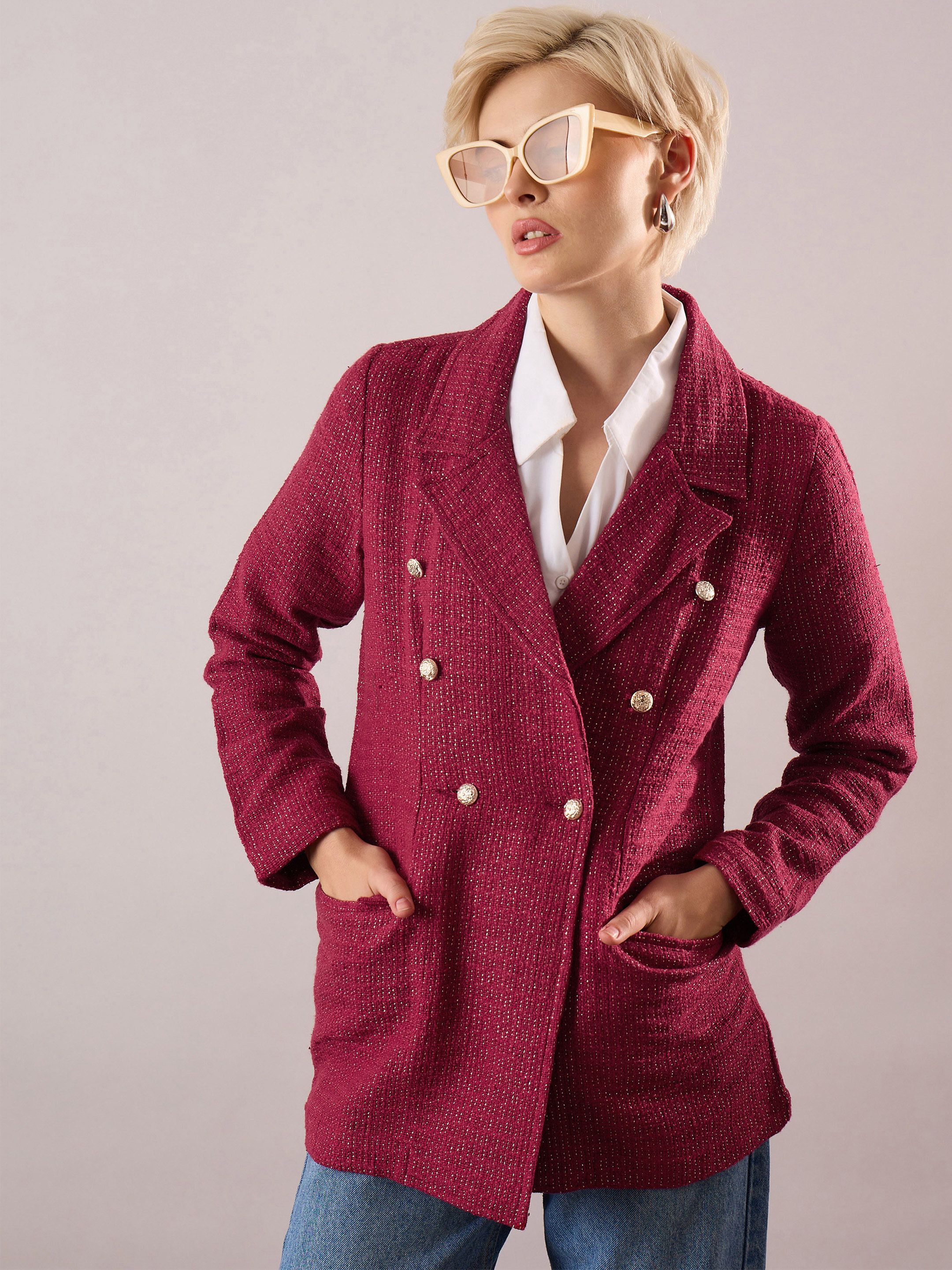 sassafras Women Self Design Single Breasted Casual Blazer-picture-17