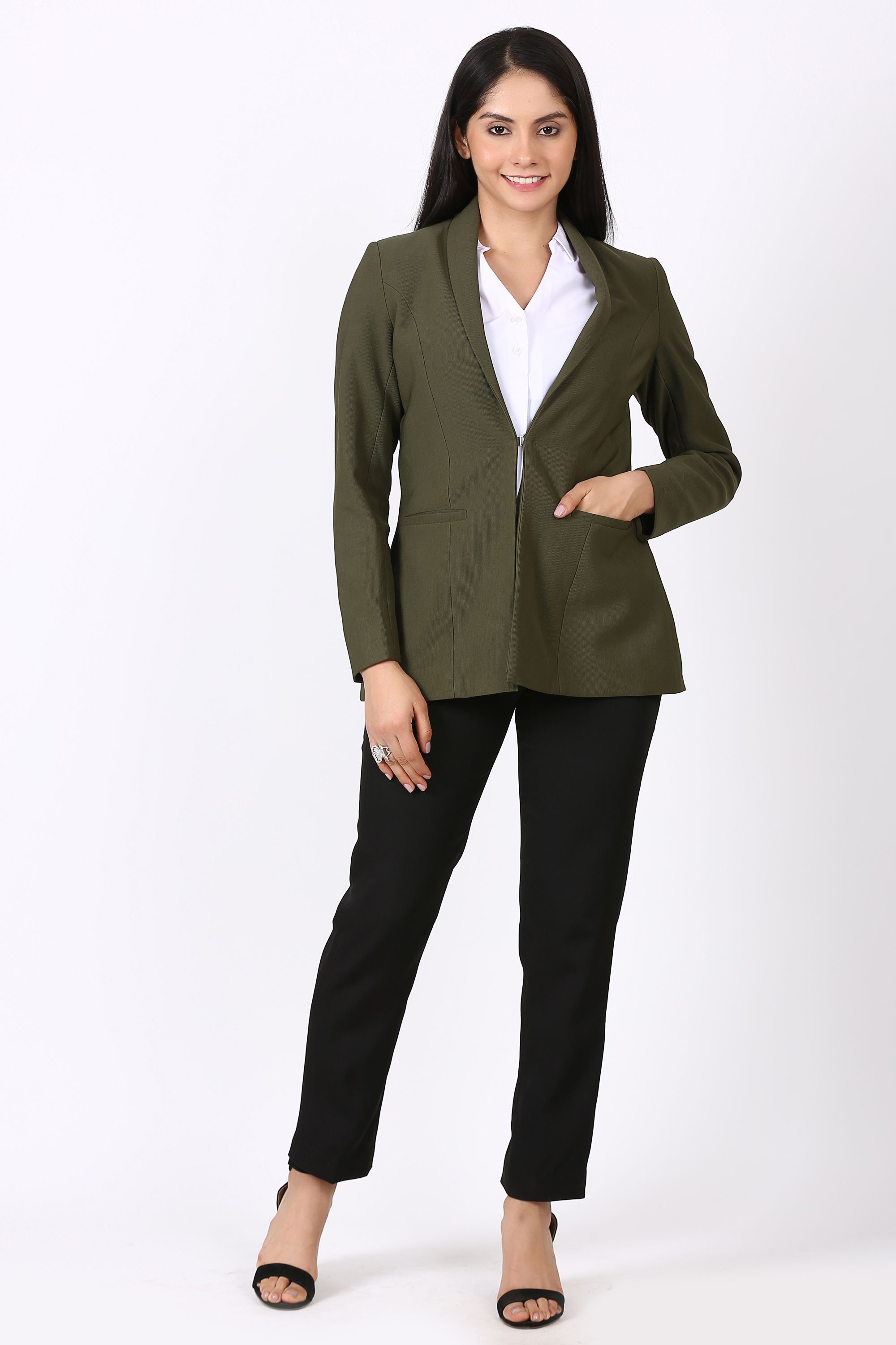 edenryd Women Formal Pant suit set shawl lapel Open front Blazer (Dark green) with Black Pant Solid Suit-picture-20