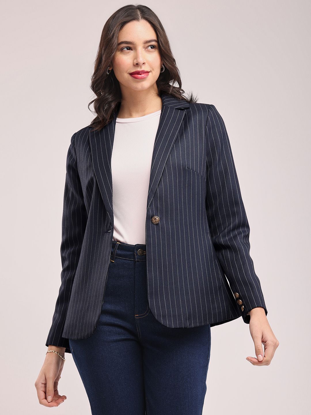 fable street Women Striped Single Breasted Formal Blazer-picture-40
