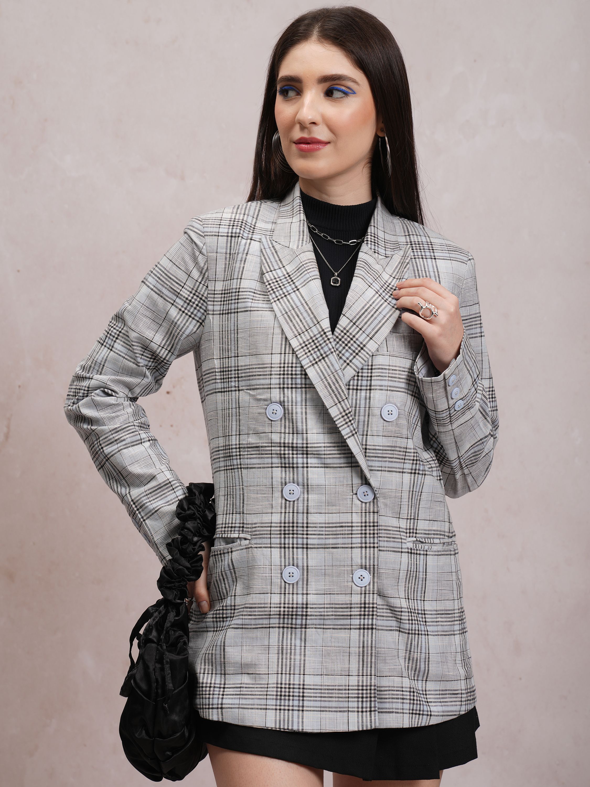 tokyo talkies Women Checkered Double Breasted Casual Blazer-picture-18