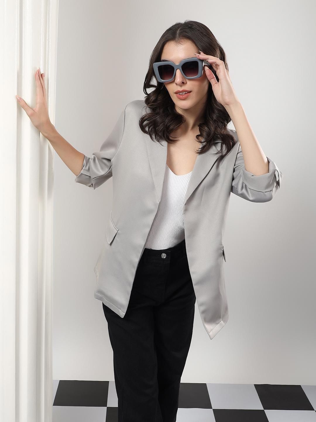 Women Solid Mandarin Casual Blazer-image-21