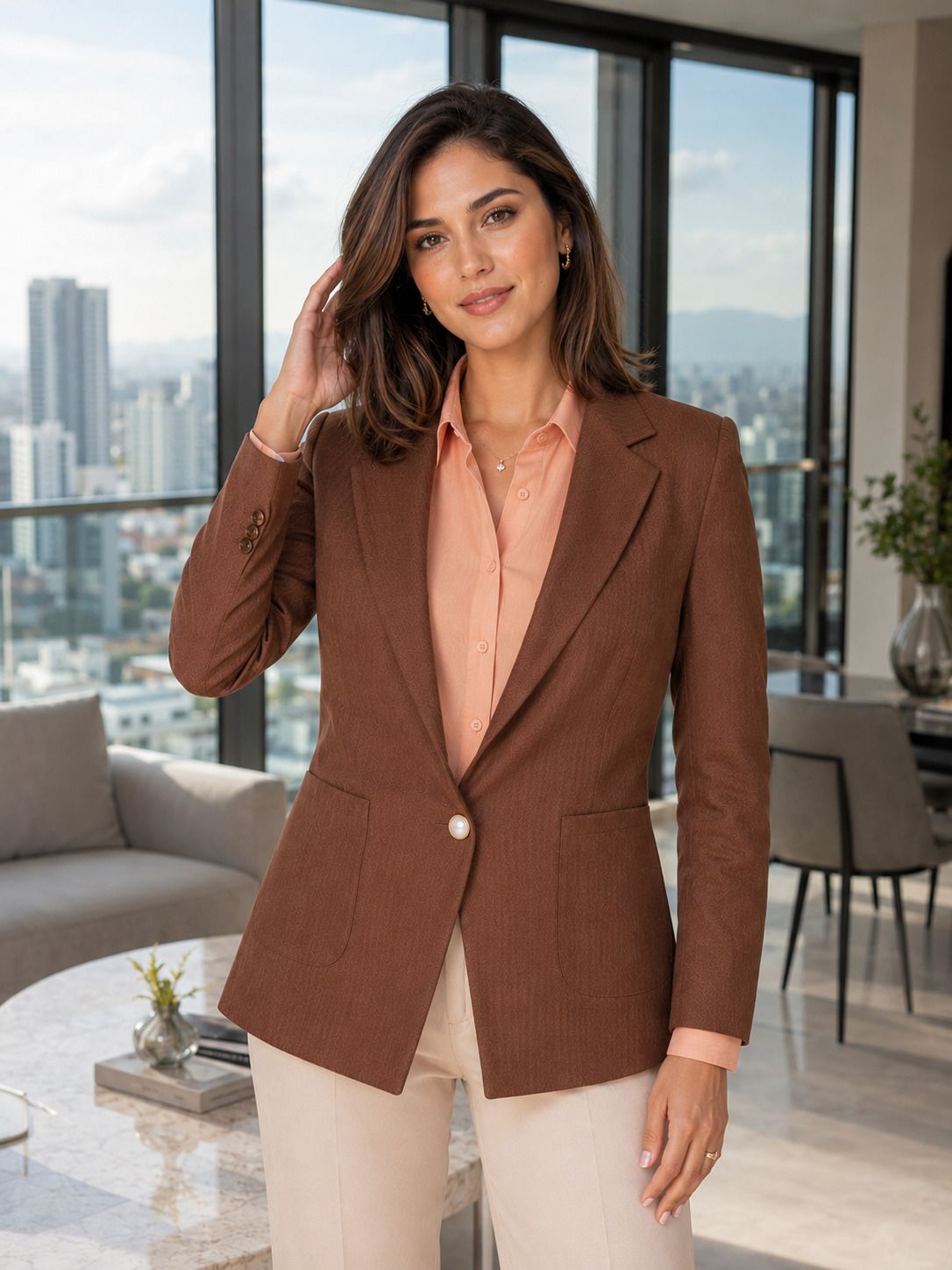 Women Striped Mandarin Casual Blazer-image-7