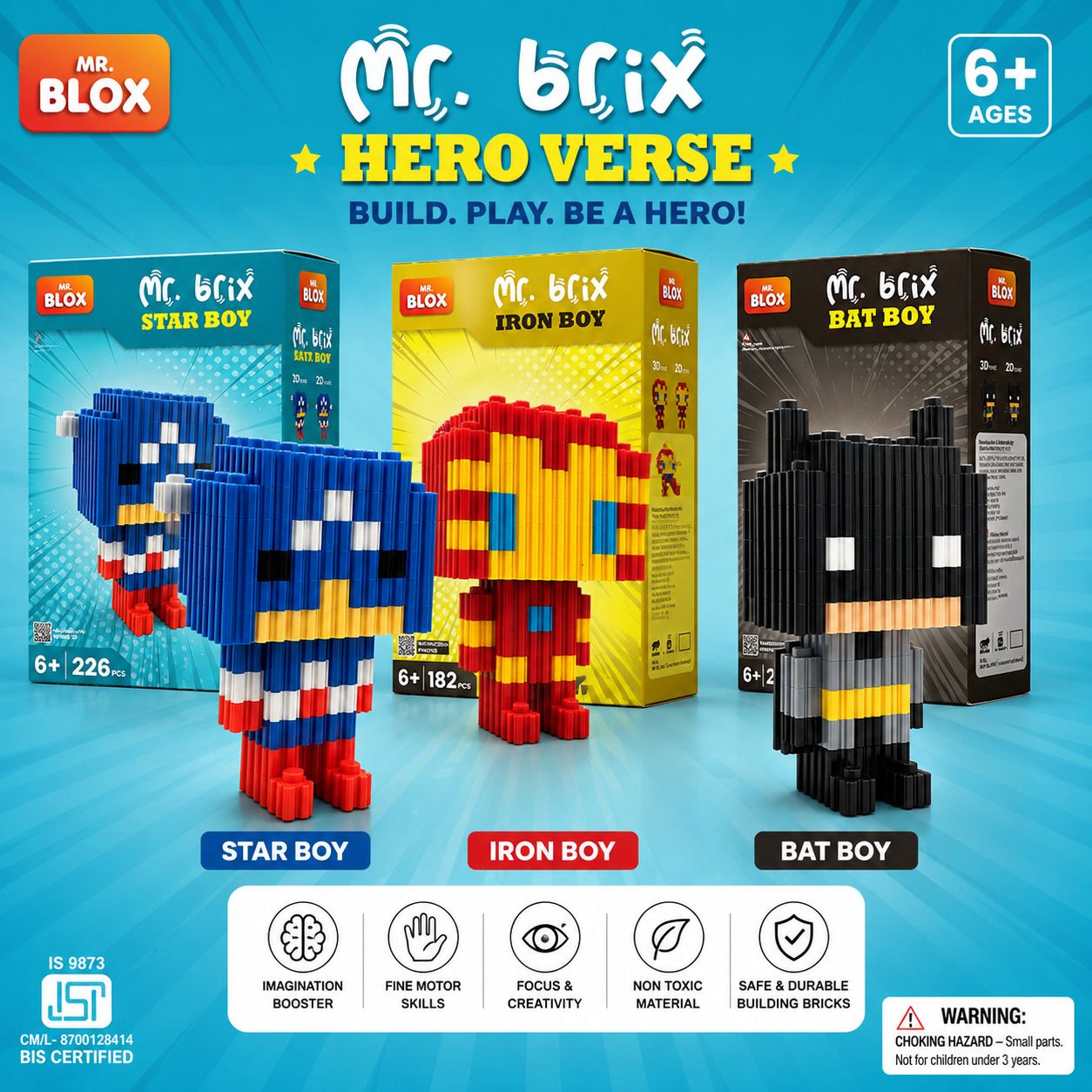 Mr. Brix Hero Verse DIY Building Blocks pack of 3 ( Batboy, Ironboy, Starboy)-image-31