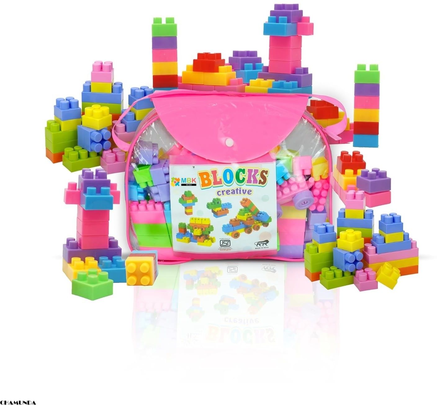 Pink Bag with Block Set 75+ Pcs Colorful Bricks for Learning & Play, Fun (CHA)-image-12