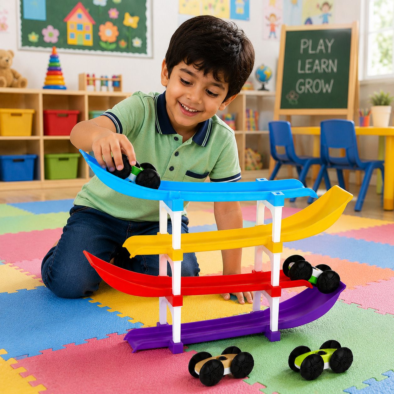 tileez Interactive Multi Level Car Ramp Toy with Rolling Mini Cars-picture-4